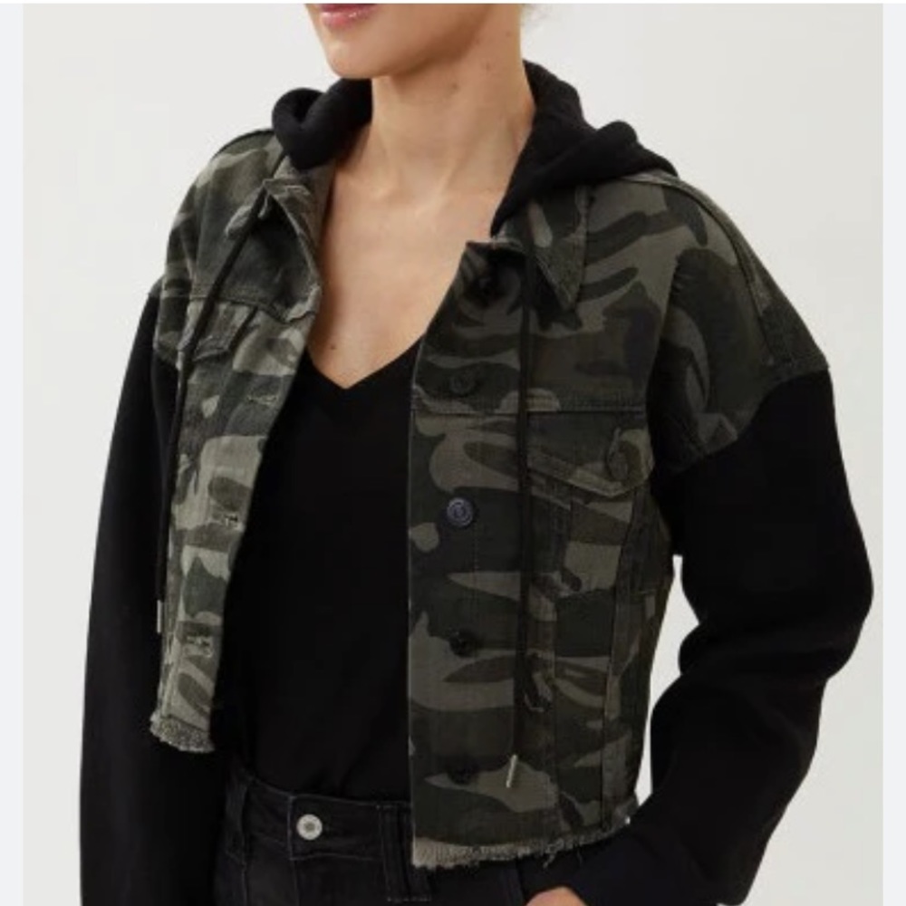 KanCan Green Camo and Black Hooded Crop Jacket